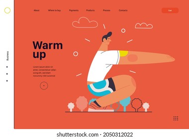 Runner, stretch, website template. Flat vector concept illustration of a young man wearing t-shirt and blue shorts, warming up, squatting before run outside. Healthy activity lifestyle. Trees, hills.