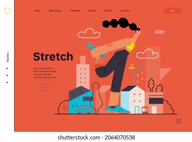 Runner, stretch, website template. Flat vector concept illustration of a young woman wearing shirt and tights, warming up, stretching legs before run outside. Healthy activity lifestyle. Houses, city.