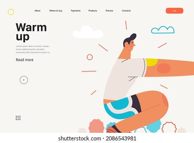 Runner, stretch, website template. Flat vector concept illustration of a young man wearing t-shirt and blue shorts, warming up, squatting before run outside. Healthy activity lifestyle. Trees, hills.