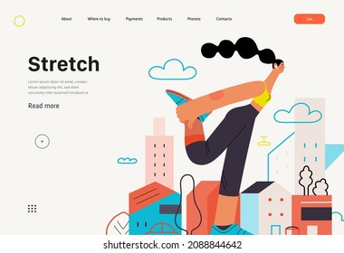 Runner, stretch, website template. Flat vector concept illustration of a young woman wearing shirt and tights, warming up, stretching legs before run outside. Healthy activity lifestyle. Houses, city.