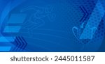 Runner themed background in blue tones with abstract curves and dots, with sport symbols such as a male athlete, running track and a cup
