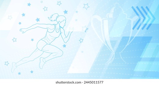 Runner themed background in blue tones with abstract lines and dots, with sport symbols such as a female athlete and a cup