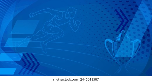 Runner themed background in blue tones with abstract curves and dots, with sport symbols such as a male athlete, running track and a cup