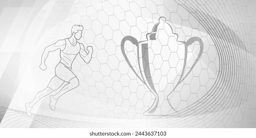 Fondo temático de corredor en tonos grises con curvas abstractas y malla, con símbolos deportivos como un atleta masculino, pista de running y una copa