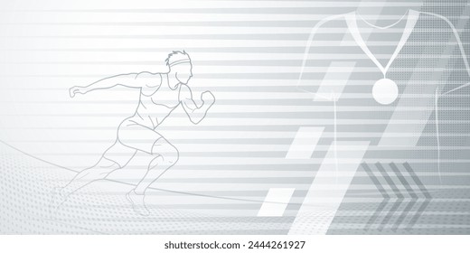 Runner themed background in gray tones with abstract lines and dots, with sport symbols such as a male athlete and a medal