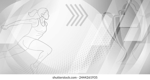 Runner themed background in gray tones with abstract curves and dots, with sport symbols such as a female athlete and a cup