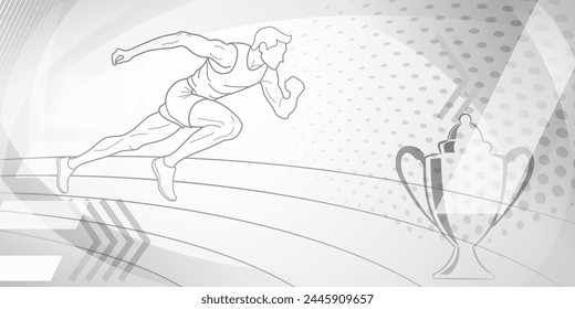 Fondo temático de corredor en tonos grises con curvas y puntos abstractos, con símbolos deportivos como un atleta masculino, pista de atletismo y una copa