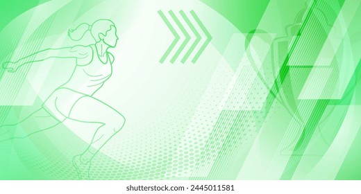 Runner themed background in green tones with abstract curves and dots, with sport symbols such as a female athlete and a cup