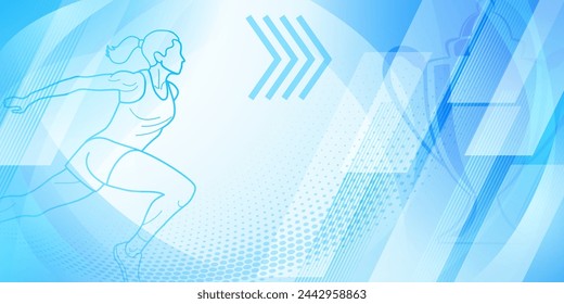 Runner themed background in light blue tones with abstract curves and dots, with sport symbols such as a female athlete and a cup