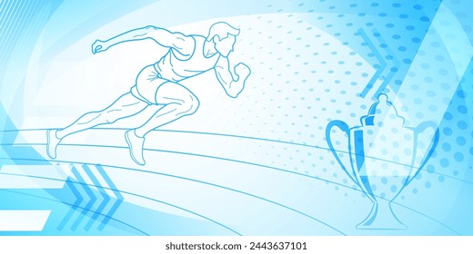 Runner themed background in light blue tones with abstract curves and dots, with sport symbols such as a male athlete, running track and a cup