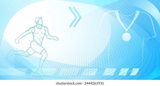 Fondo temático de corredor en tonos azul claro con curvas y puntos abstractos, con símbolos deportivos como un atleta masculino, pista de carreras y una medalla