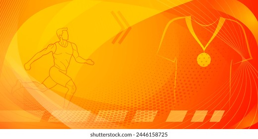 Runner themed background in orange and red tones with abstract curves and dots, with sport symbols such as a male athlete, running track and a medal