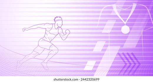 Runner-Themenhintergrund in lila Tönen mit abstrakten Linien und Punkten, mit Sport-Symbolen wie einem männlichen Athleten und einer Medaille