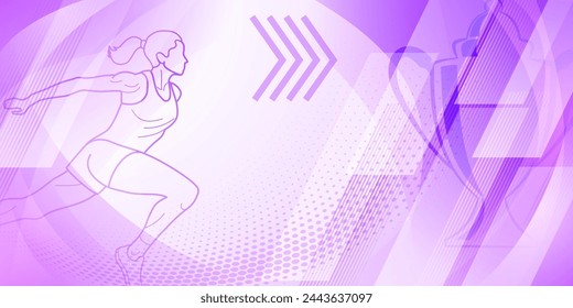 Runner themed background in purple tones with abstract curves and dots, with sport symbols such as a female athlete and a cup