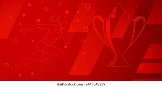 Runner themed background in red tones with abstract lines and dots, with sport symbols such as a female athlete and a cup