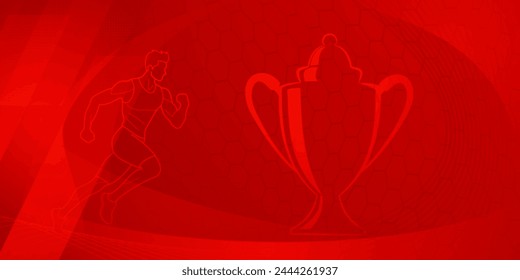 Runner themed background in red tones with abstract curves and mesh, with sport symbols such as a male athlete, running track and a cup
