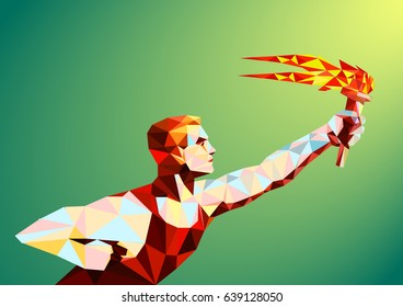 Runner with a torch on a green background in the geometric style triangle