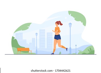 Runner training outdoors. Sporty girl running down city park pathway in morning. Vector illustration for health, active lifestyle, morning exercise, jogging concept