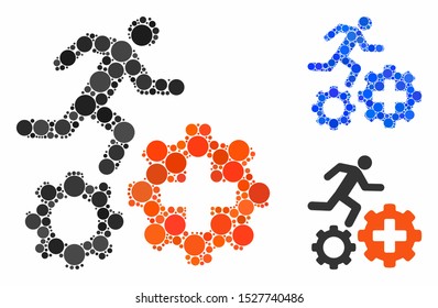 Runner treatment process gears mosaic of small circles in variable sizes and color tones, based on runner treatment process gears icon. Vector small circles are composed into blue mosaic.