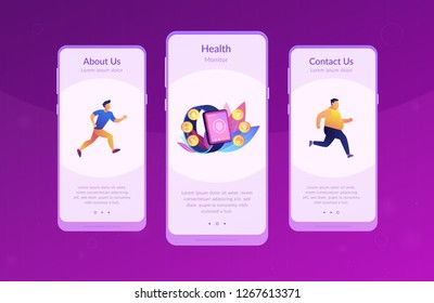 Runner uses smartwatch sport and health apps. Fitness tracker, activity band, health monitor and wrist-worn device concept on white background. Mobile UI UX GUI template, app interface wireframe