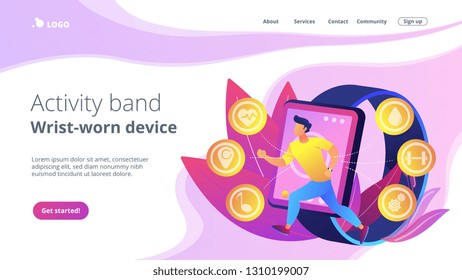 Runner uses smartwatch sport and health apps. Fitness tracker, activity band, health monitor and wrist-worn device concept on white background. Website vibrant violet landing web page template.