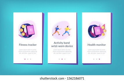 Runner uses smartwatch sport and health apps. Fitness tracker, activity band, health monitor and wrist-worn device concept on white background. Mobile UI UX GUI template, app interface wireframe