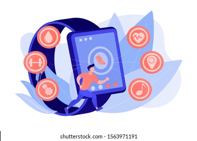 Runner uses smartwatch sport and health apps. Fitness tracker, activity band, health monitor and wrist-worn device concept on white background. Pinkish coral bluevector isolated illustration