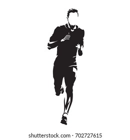 Runner vector silhouette, front view. Abstract running man