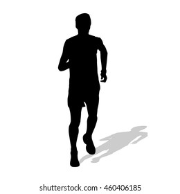 Runner, vector silhouette with shadow. Athlete trains running long distance