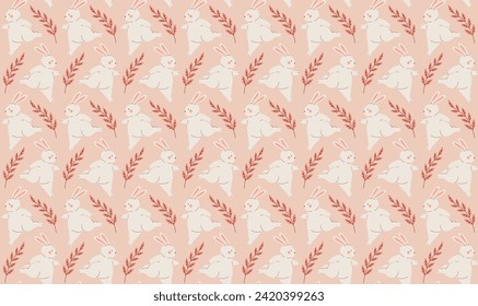 runner white rabbit repeating pattern. rabbit with plant branches pattern. Easter bunny seamless pattern