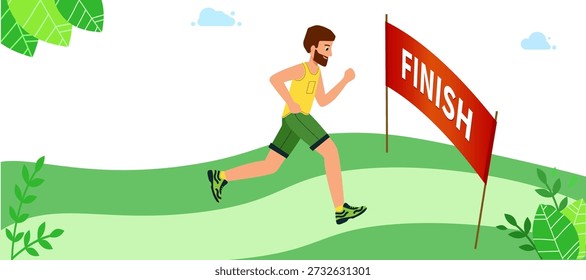 Runner wins the marathon, the finish line. The concept of achieving goals. Man is running. Achieve Goal. Way to Victory, success. vector illustration in modern flat style.