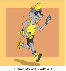 runner wolf skater with a phone VECTOR ILLUSTRATION in yellow and grey colors