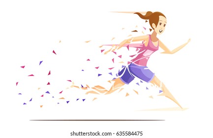Runner woman action retro cartoon composition with running girl athlete falling to pieces of splash paper vector illustration
