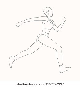 Runner woman in continuous line art Drawing Style Vector illustration. Woman Runner Running Jogger Jogging Black Line Sketch on white background. Jumping Silhouette Outline Drawing Running Female Pose