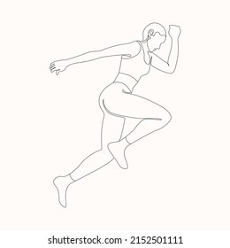 Runner woman in continuous line art Drawing Style Vector illustration. Woman Runner Running Jogger Jogging Black Line Sketch on white background. Jumping Silhouette Outline Drawing Running Female Pose