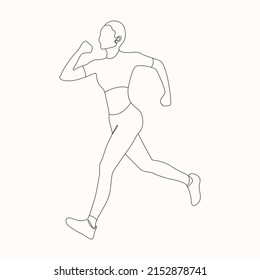 Runner woman in continuous line art Drawing Style Vector illustration. Woman Runner Running Jogger Jogging Black Line Sketch on white background. Jumping Silhouette Outline Drawing Running Female Pose