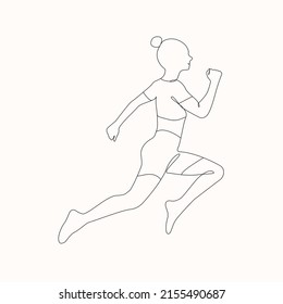 Runner woman in continuous line art Drawing Style Vector illustration. Marathon Runner Running Jogger Jogging Sketch on white background. Jumping Silhouette Outline Drawing Running Female Pose