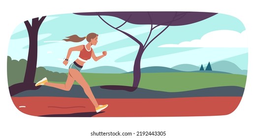 Runner woman person running fast in summer park. Professional athlete jogging training in competitive sport outdoors. Athletic training, active leisure, healthy lifestyle flat vector illustration