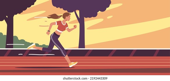 Runner woman person running fast on stadium race track. Professional athlete sprint training in competitive sport outdoors. Competition, athletic training, healthy lifestyle flat vector illustration - Shutterstock ID 2192443309