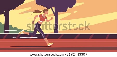 Runner woman person running fast on stadium race track. Professional athlete sprint training in competitive sport outdoors. Competition, athletic training, healthy lifestyle flat vector illustration