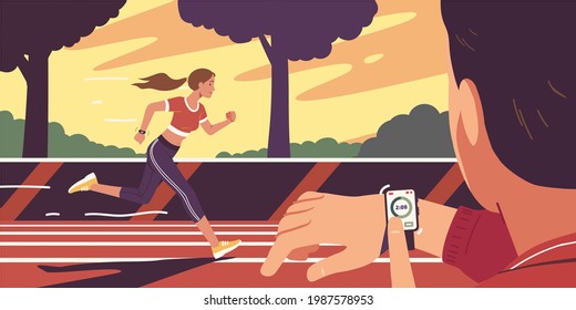 Runner woman running on race track, coach person checking time on smart watch. Professional athlete training in competitive sport. Competition, athletic training flat style vector illustration