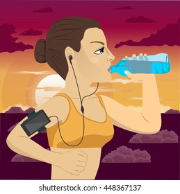 runner woman with smartphone armband drinking bottled mineral water jogging at sunset in park