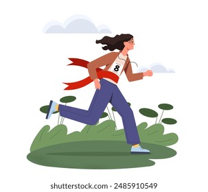 Runner woman win. Young girl finishing race. Active lifestyle and sports. Tournament and competition. Fast person with victory. Athlete and sportswoman. Cartoon vector illustration