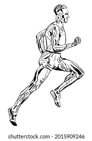 Runner working out (lateral view). Dynamic scene featuring running man. Original hand drawing on the subject of sport, fitness, leisure, recreation and healthy way of life.