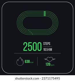 Runner workout dashboard. Outdoor running activity banner with olympic track design. Showing steps, heart rate and fat-burning stats. Social media feed, vector exercise template. Dark mode concept.