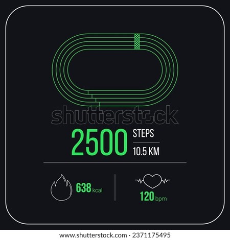 Runner workout dashboard. Outdoor running activity banner with olympic track design. Showing steps, heart rate and fat-burning stats. Social media feed, vector exercise template. Dark mode concept.
