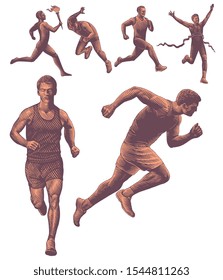 Runners athletes. Design set. Hand drawn engraving. Editable vector vintage illustration. Isolated on white background. 8 EPS 