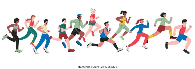 Runners. Cartoon running characters, diverse group of people jogging and sprinting, sport run concept, active workout and fitness Vector athlete characters running marathon.