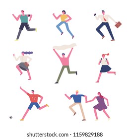 Runners' characters in various occupations that are straight and geometric. flat design style vector graphic illustration set