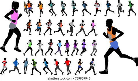 runners in color sportswear silhouettes collection - vector